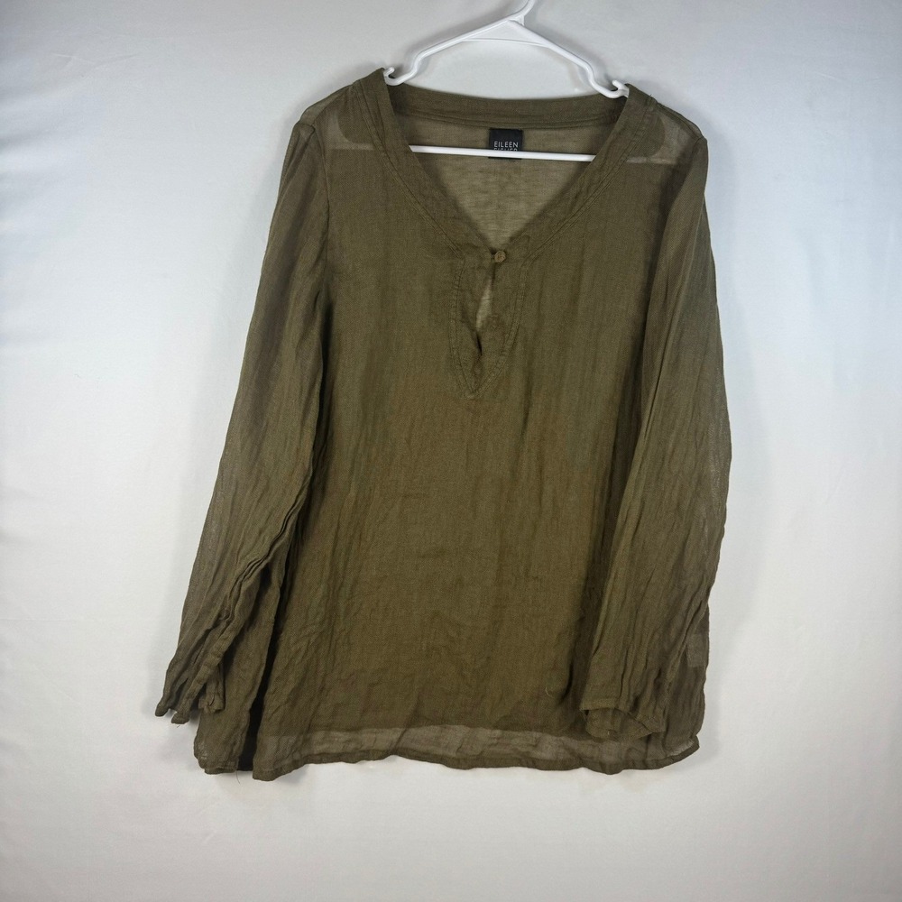 Eileen Fisher Womens Olive Green 100% Linen Gauze V-Neck Tunic Top S8NF-2